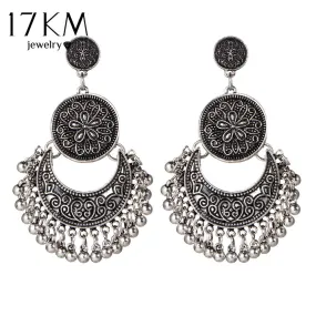 17KM Vintage Silver Color Big Flower Drop Earrings for Women Tassel Peandant  Ethnic Jewelry Punk Beads Earring Jewelry