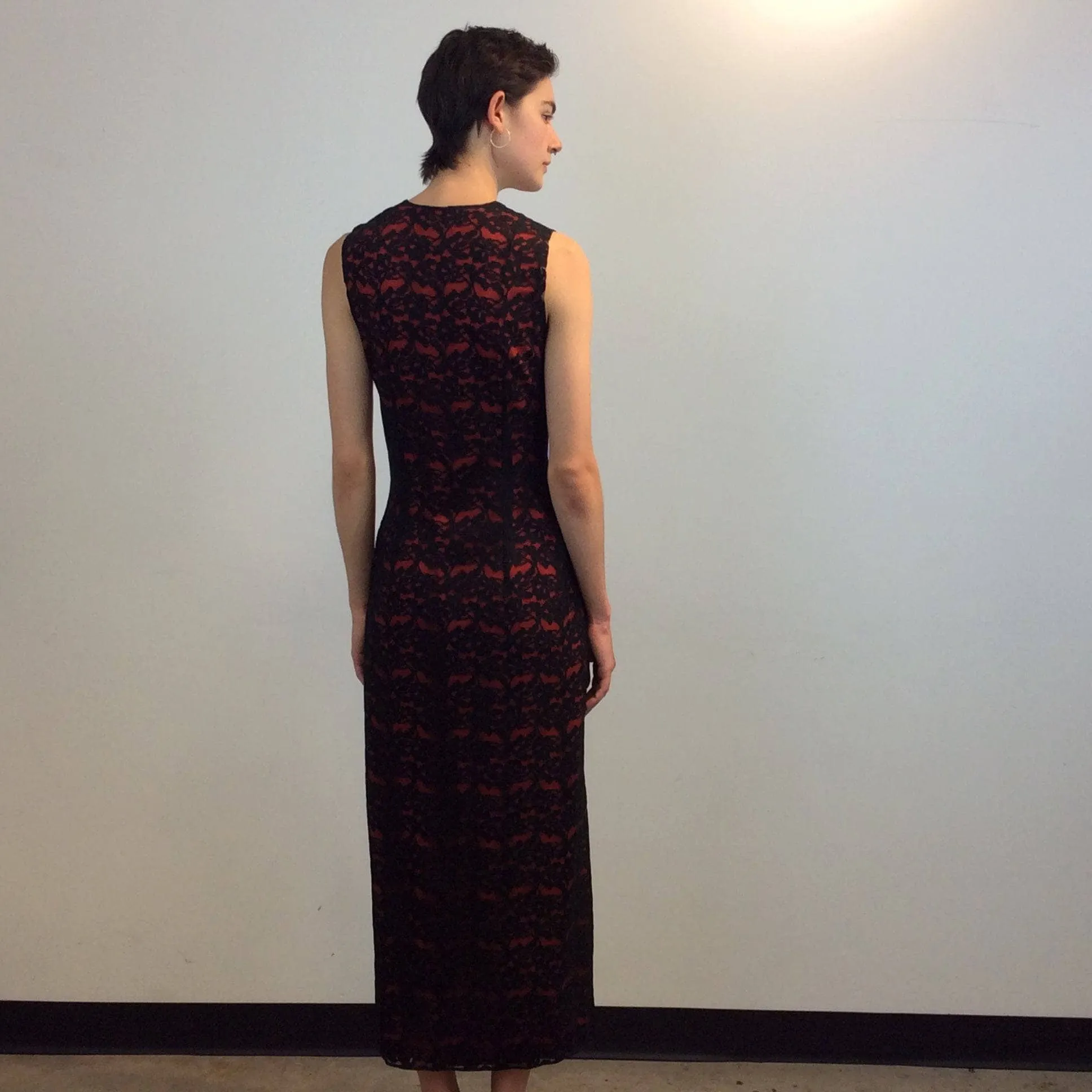 1990s Front Slit Maxi Sheath Lace Dress Small