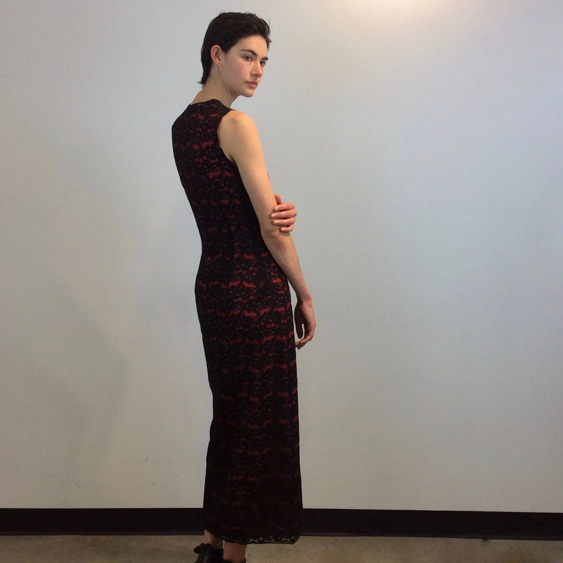 1990s Front Slit Maxi Sheath Lace Dress Small