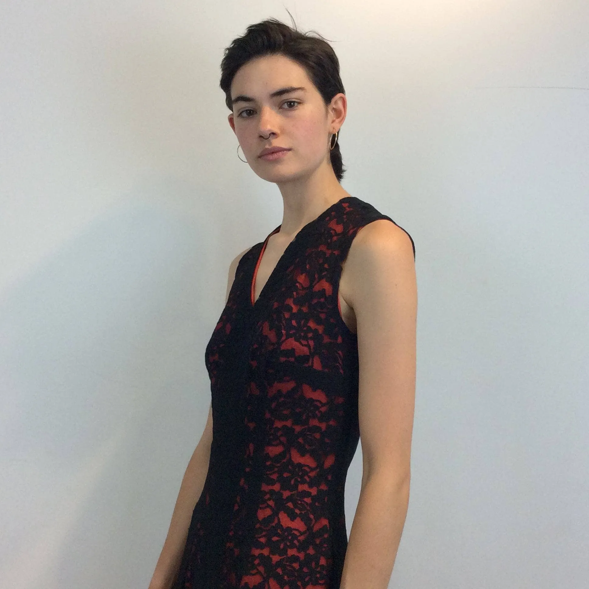 1990s Front Slit Maxi Sheath Lace Dress Small