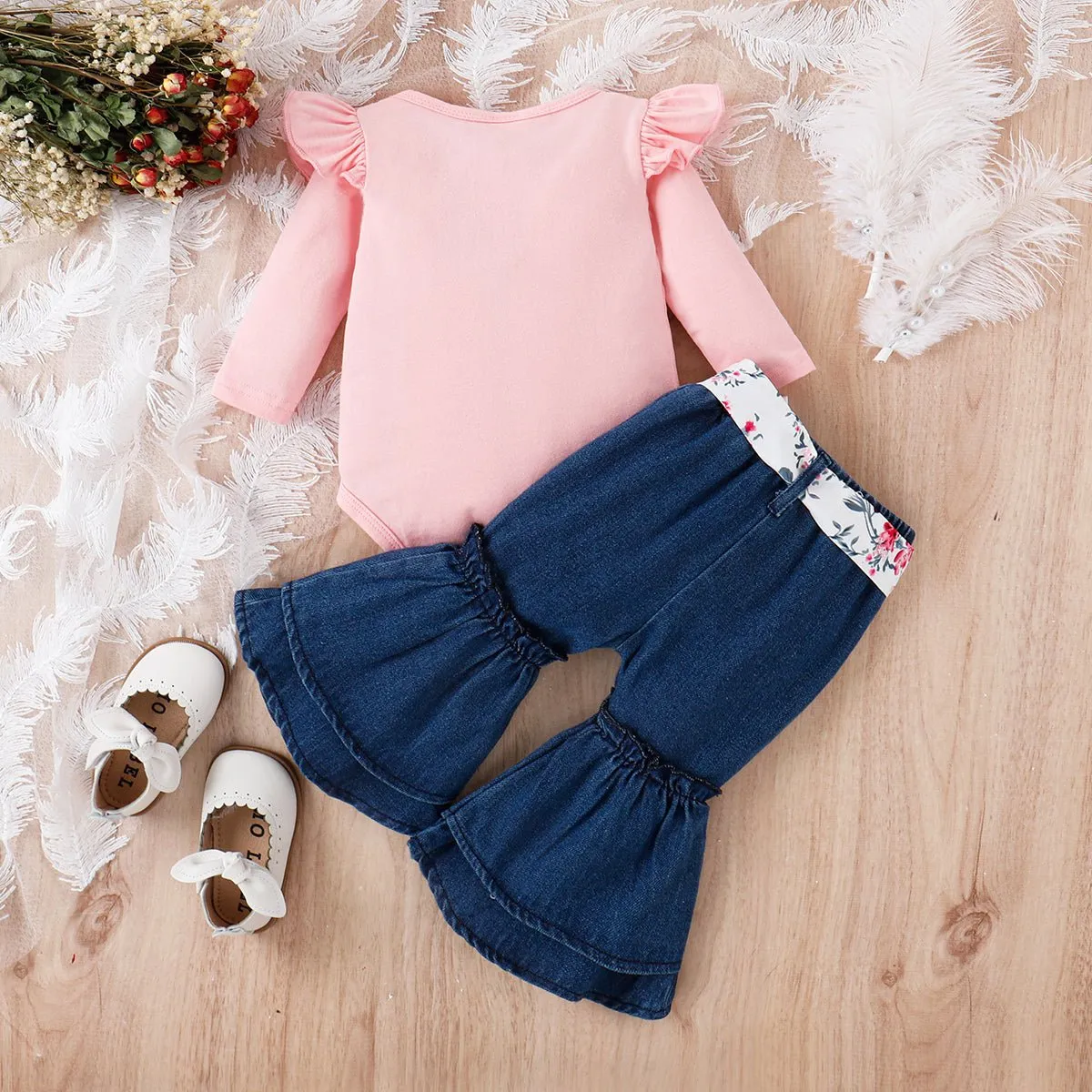 3pcs Baby Girl 95% Cotton Letter Print Ruffle Trim Long-sleeve Romper and Ripped Flared Jeans & Belt Set
