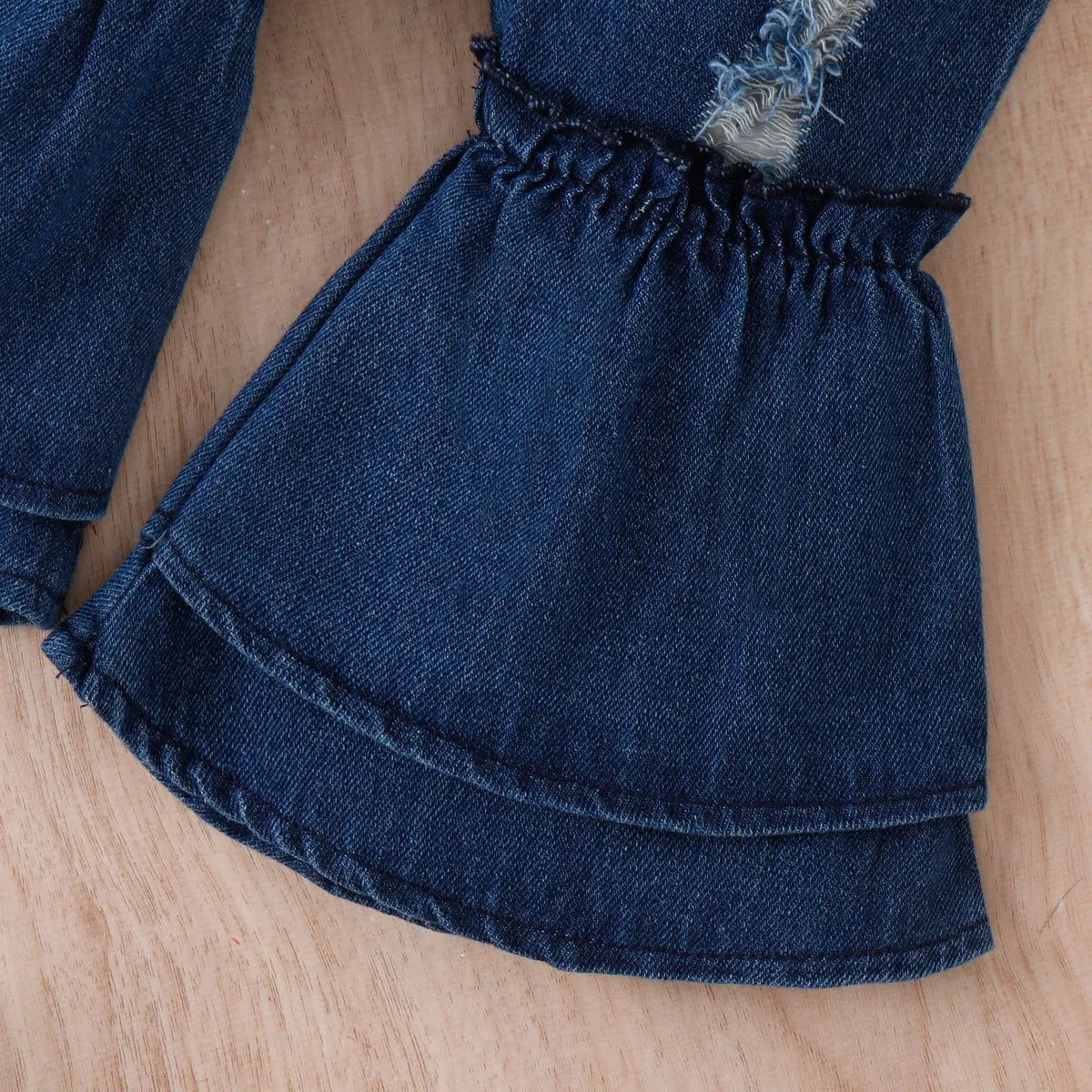 3pcs Baby Girl 95% Cotton Letter Print Ruffle Trim Long-sleeve Romper and Ripped Flared Jeans & Belt Set