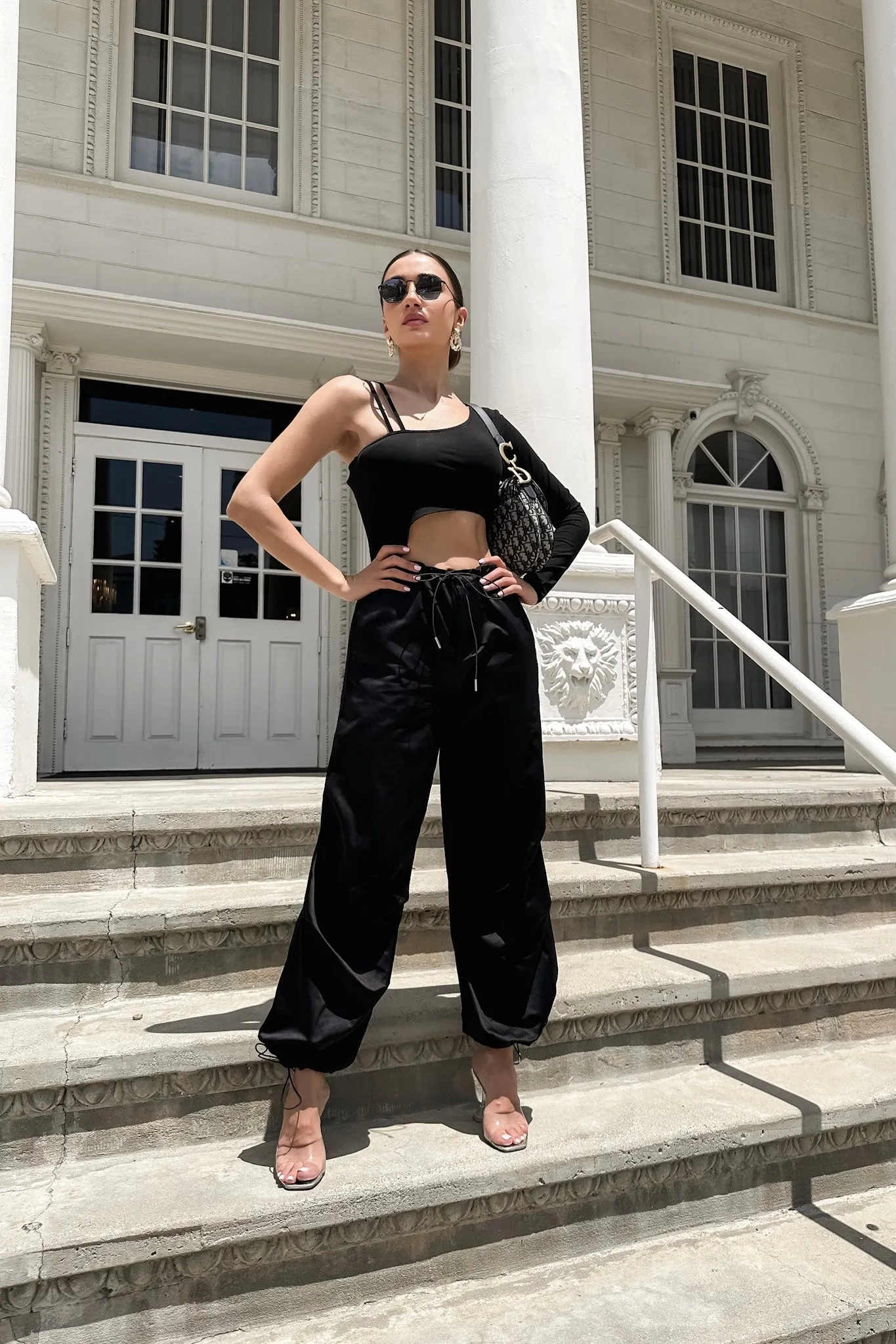 Alora Satin Parachute Pants - Black