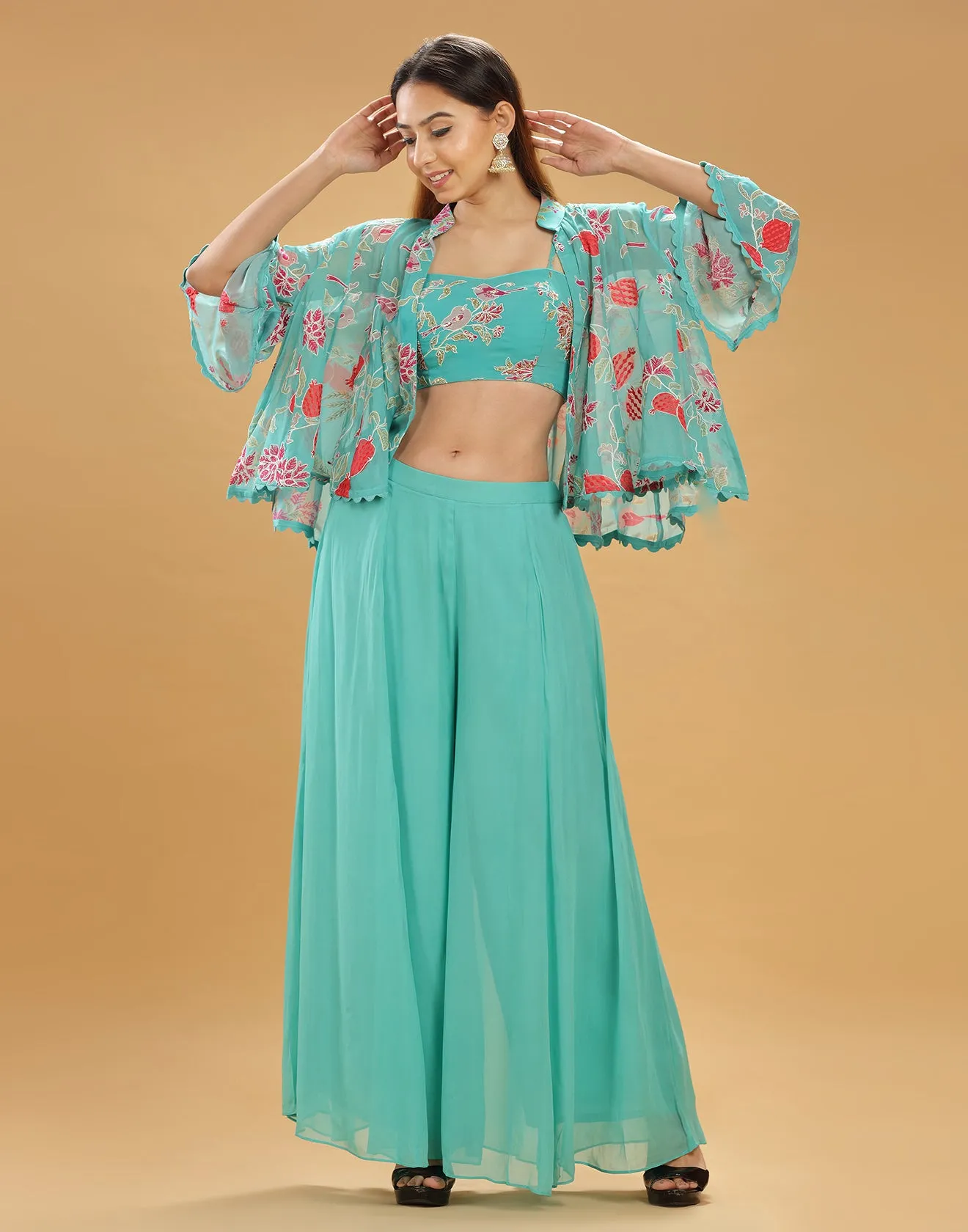 Baby Blue Flared Festive Fusion Co-ord Set