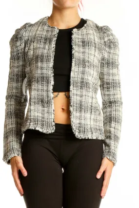 Black and White Plaid Tweed Cropped Jacket