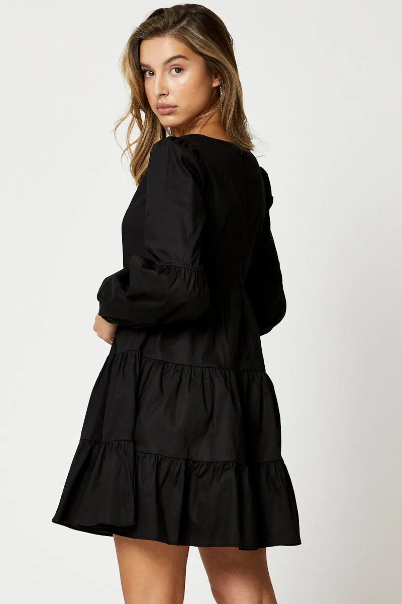 Black Tiered Smock Long Sleeve Mini Dress