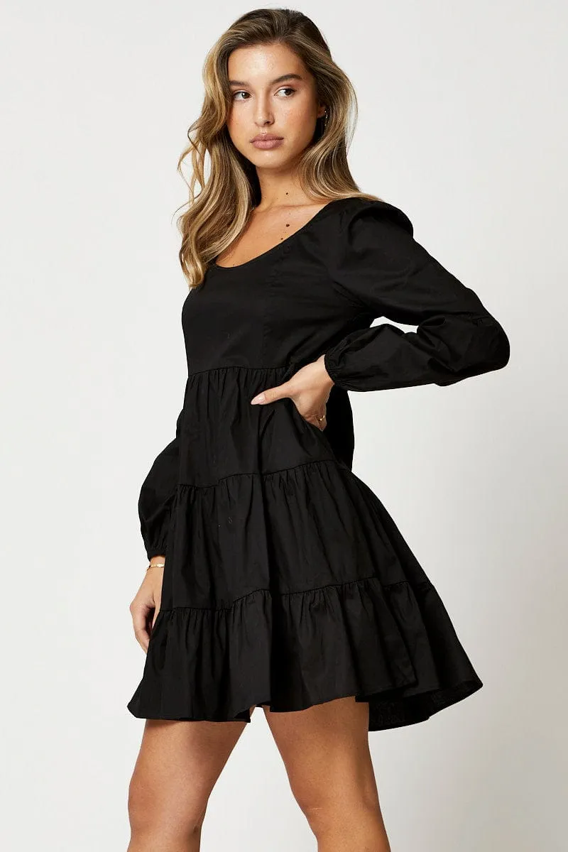 Black Tiered Smock Long Sleeve Mini Dress