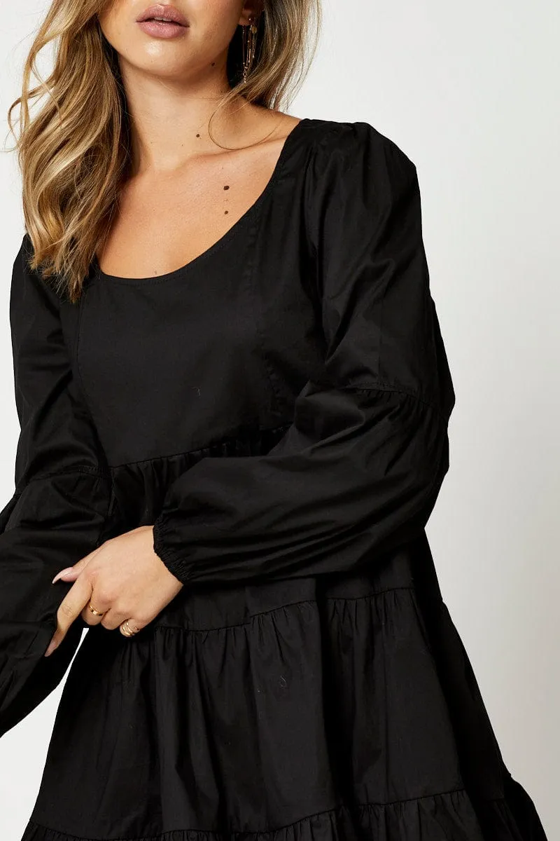 Black Tiered Smock Long Sleeve Mini Dress