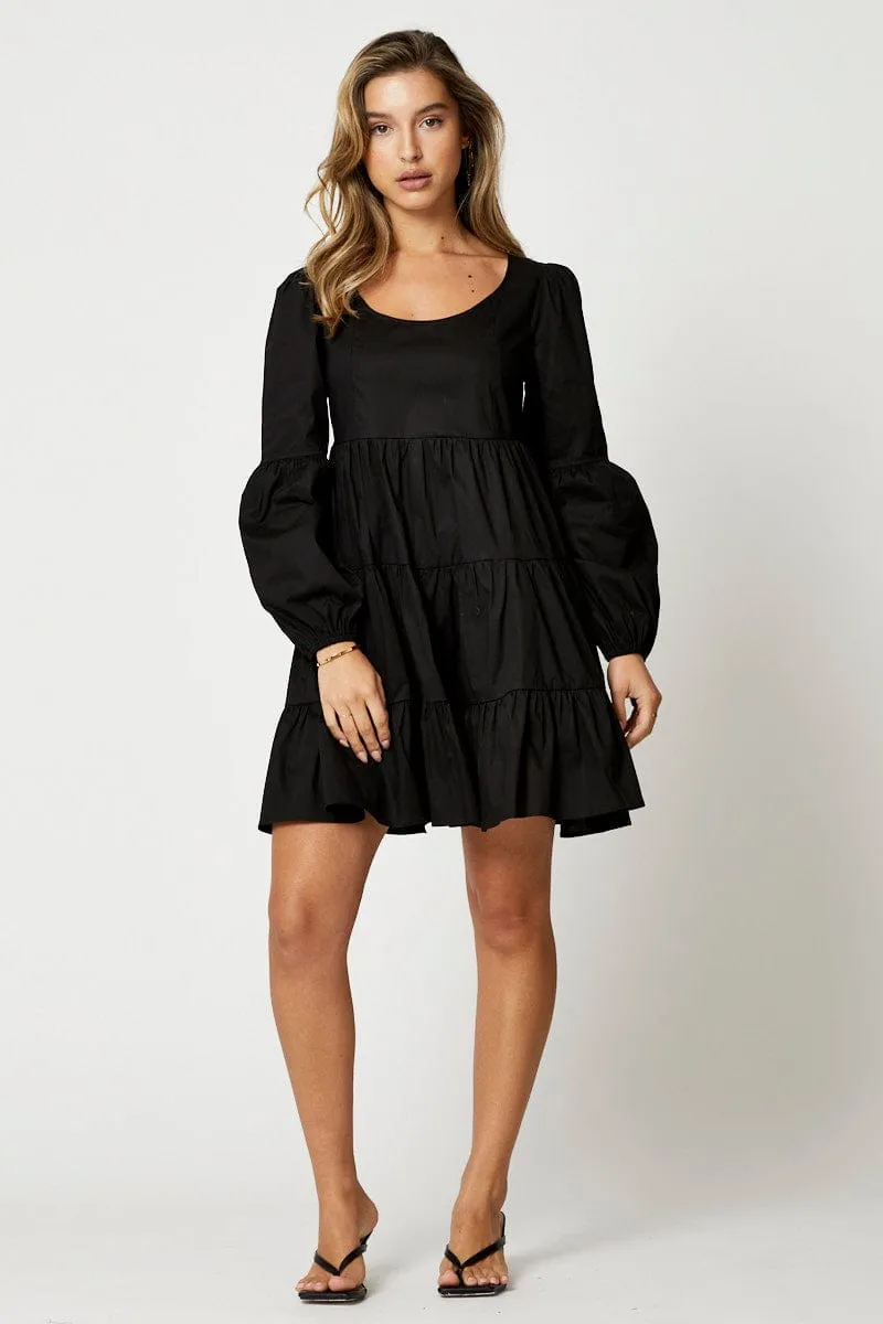 Black Tiered Smock Long Sleeve Mini Dress