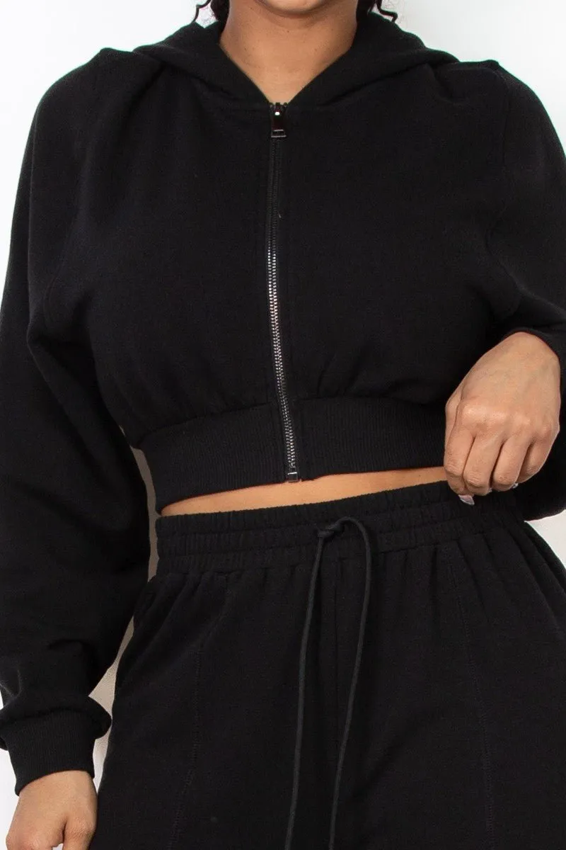 Black Zip-Up Cropped Hoodie Jacket