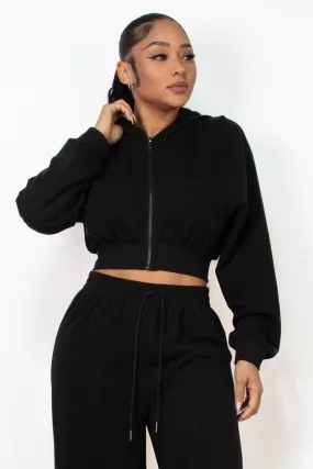 Black Zip-Up Cropped Hoodie Jacket