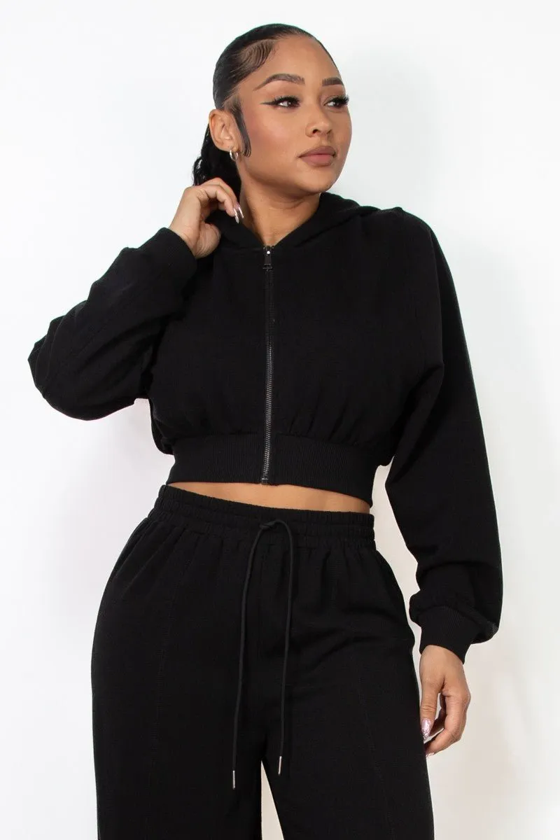 Black Zip-Up Cropped Hoodie Jacket