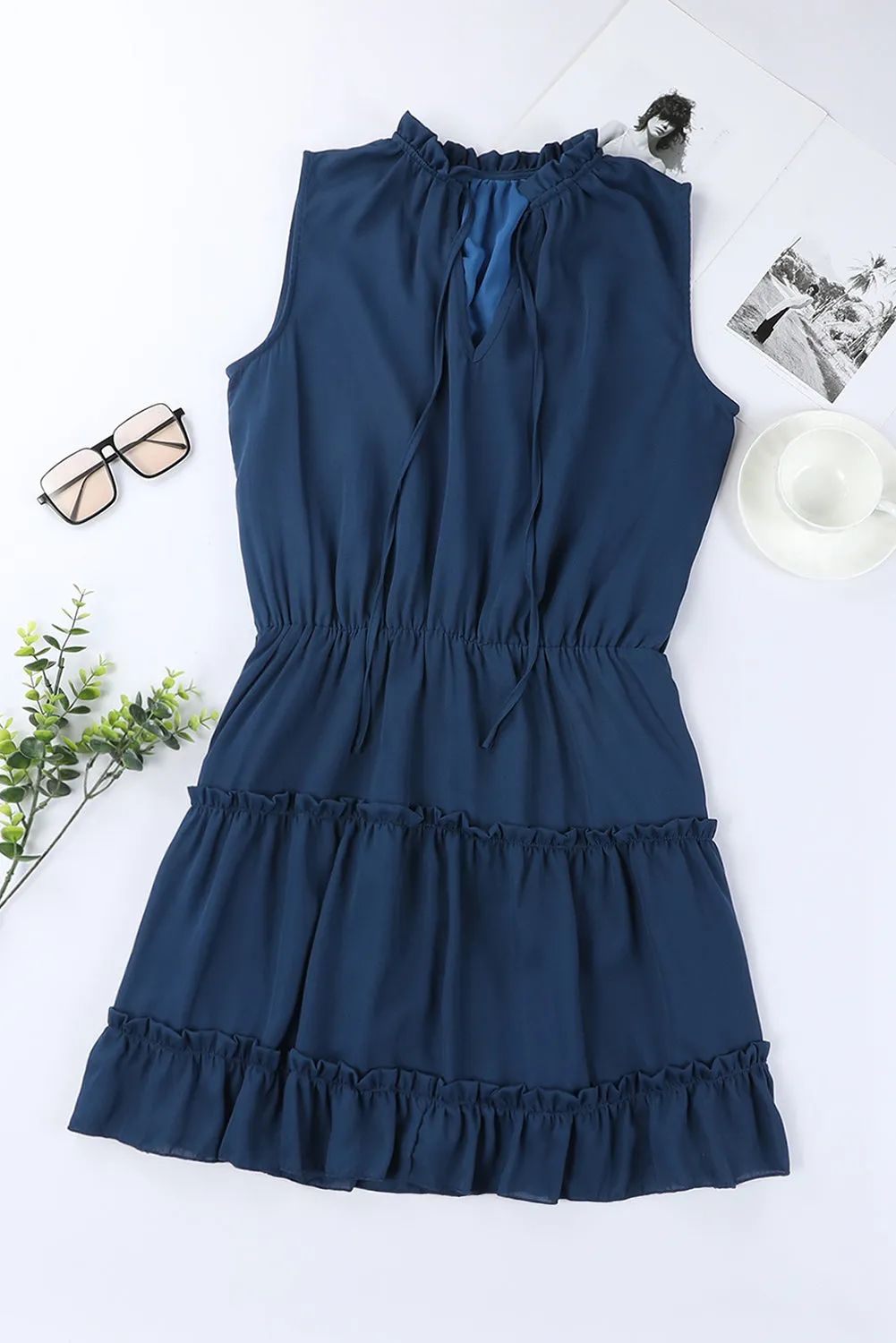 Blue Reversible Frill V Neck Sleeveless Swing Mini Dress