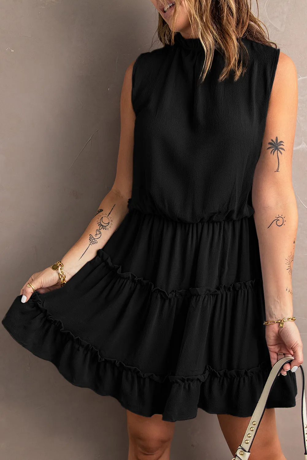 Blue Reversible Frill V Neck Sleeveless Swing Mini Dress