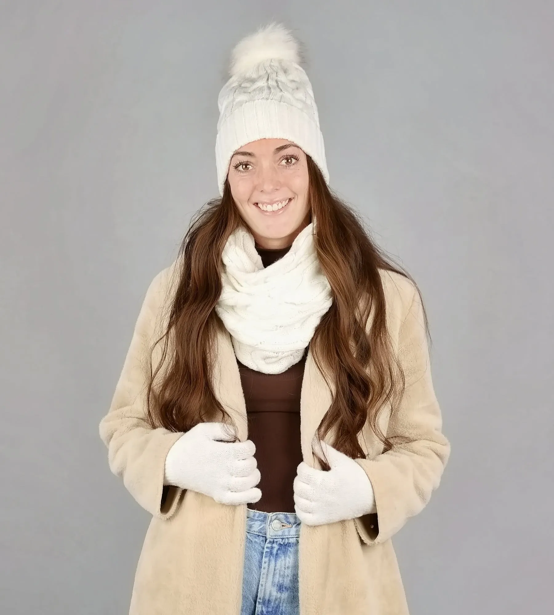 CABLE KNIT BEANIEFUR POM, GLOVE & ETERNITY SCARF SET