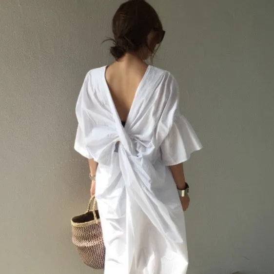 Chic Backless V-neck Dress - White