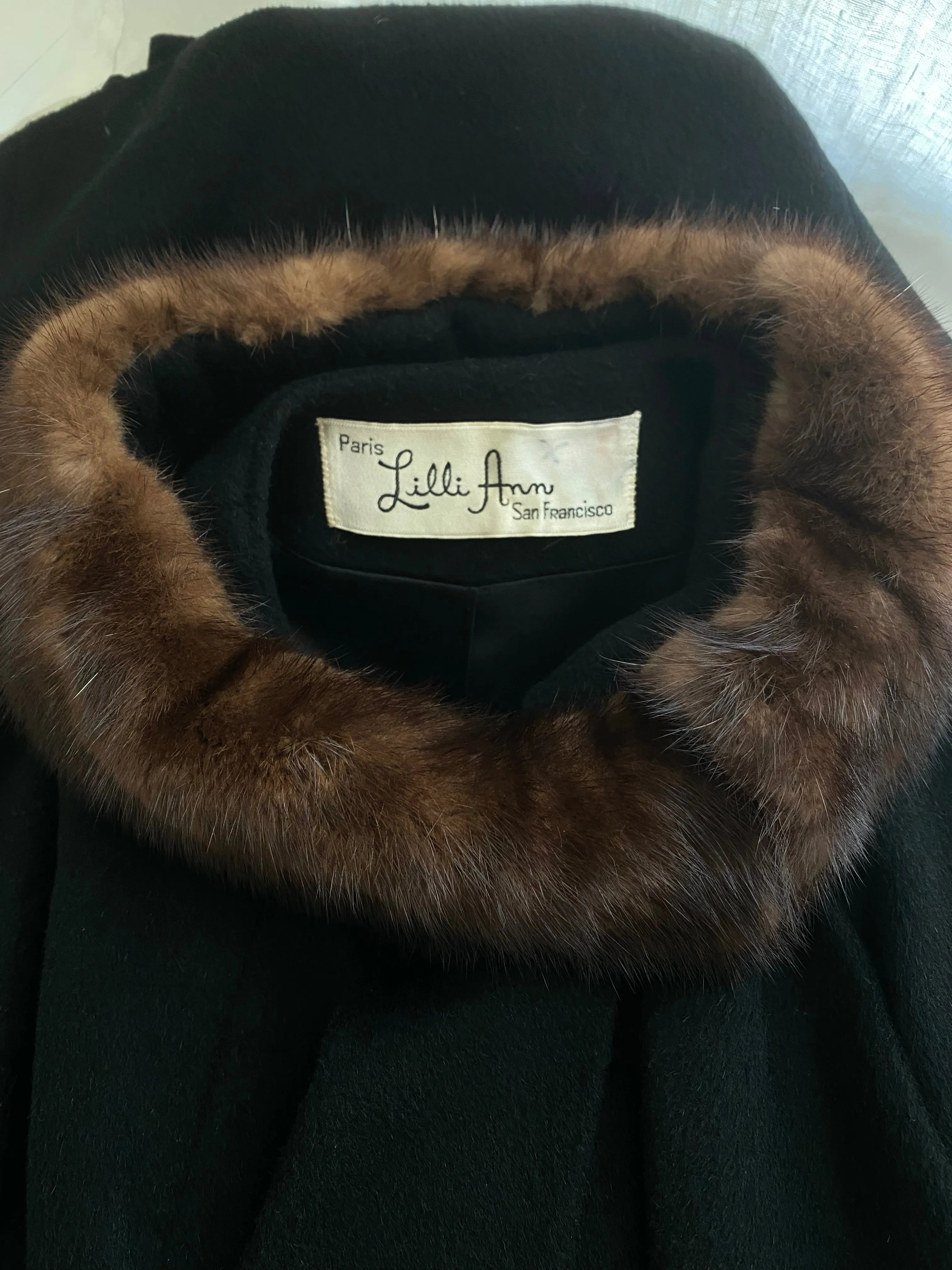 Classic 1950's Lilli Ann Black Wool Coat With Mink Collar / ML