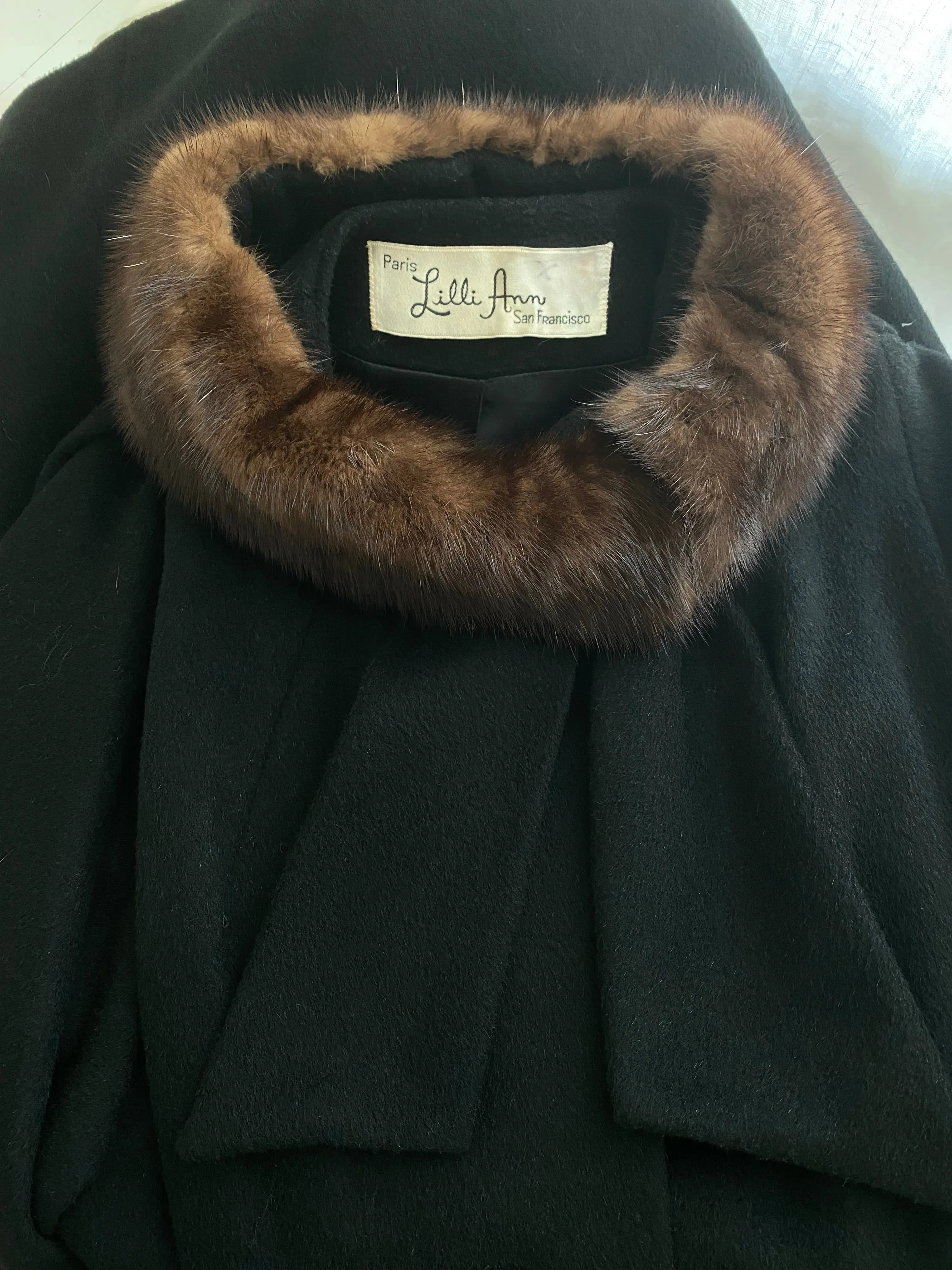 Classic 1950's Lilli Ann Black Wool Coat With Mink Collar / ML