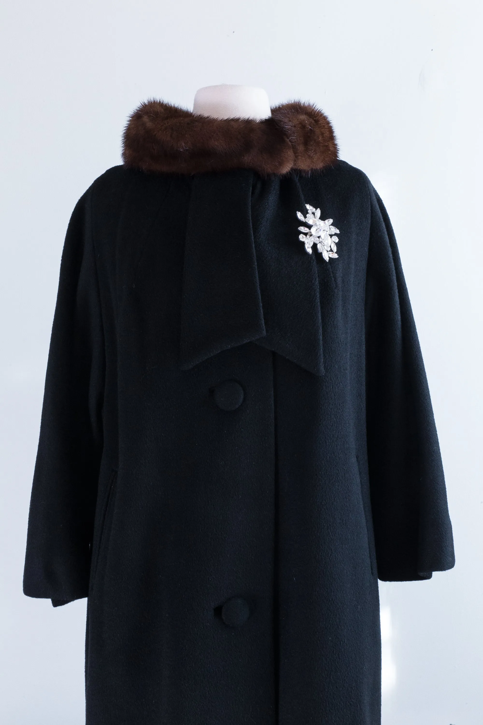 Classic 1950's Lilli Ann Black Wool Coat With Mink Collar / ML
