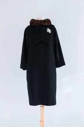 Classic 1950's Lilli Ann Black Wool Coat With Mink Collar / ML