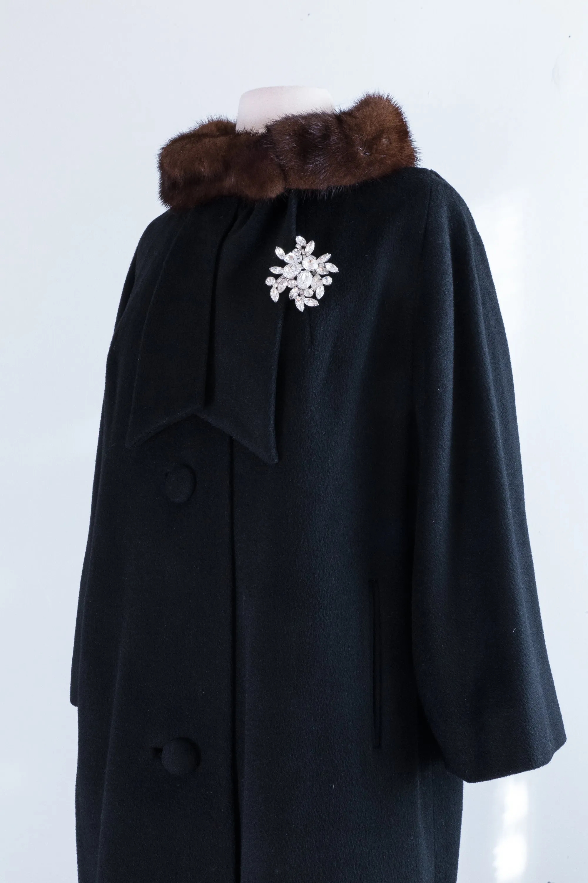 Classic 1950's Lilli Ann Black Wool Coat With Mink Collar / ML