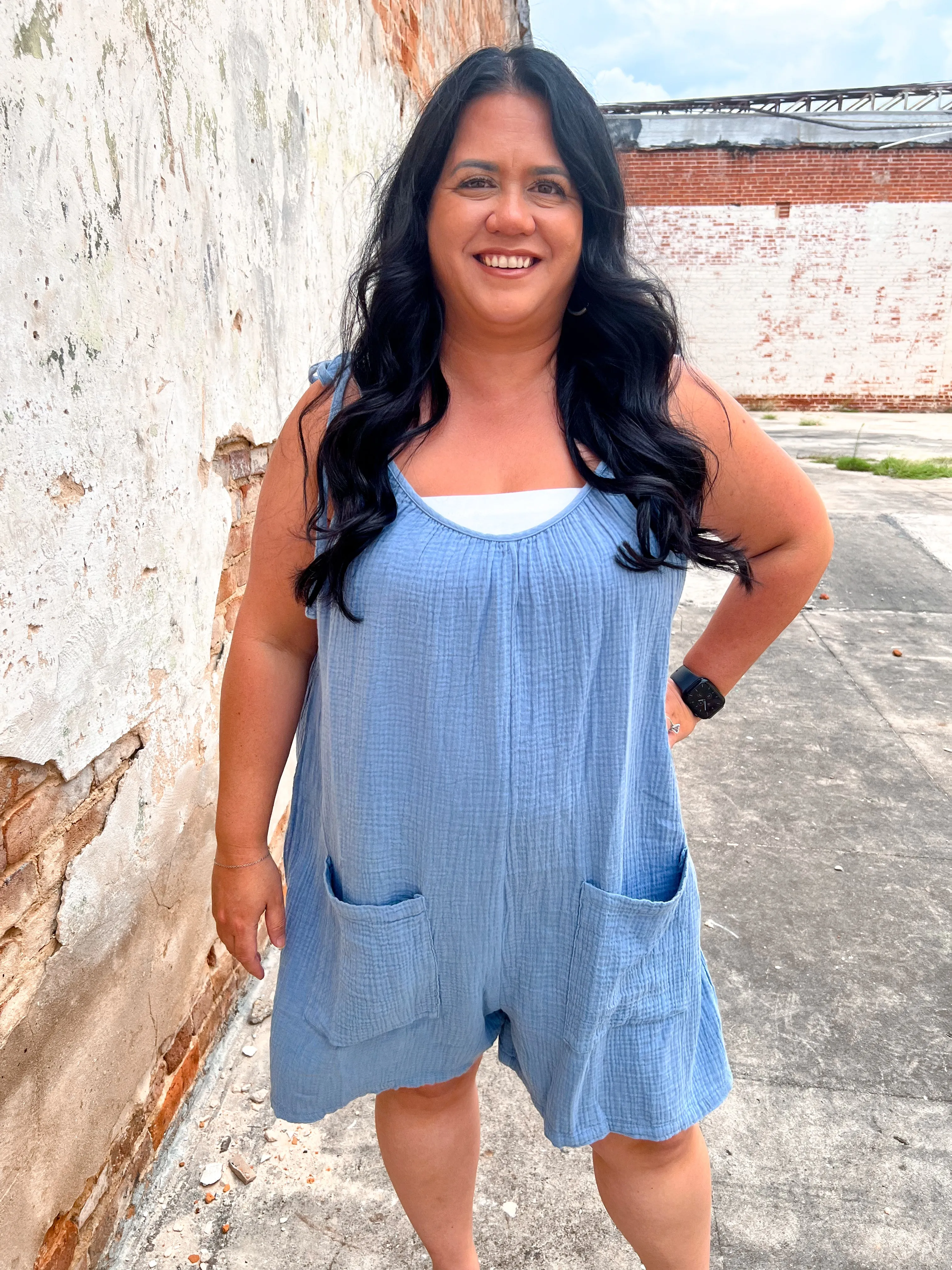 Debra Solid Cotton Gauze Romper - Plus