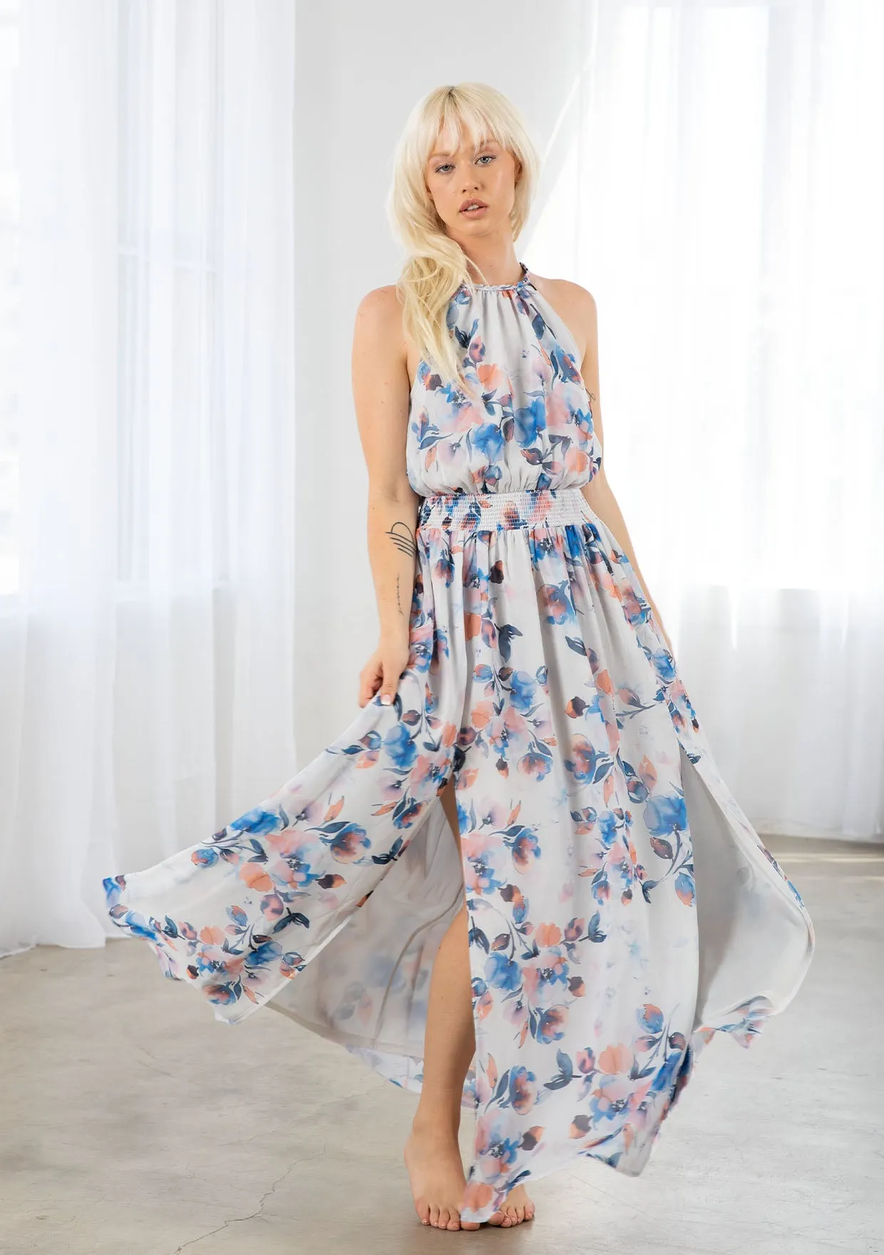 Dreamy Floral Print Halter Neck Maxi Dress