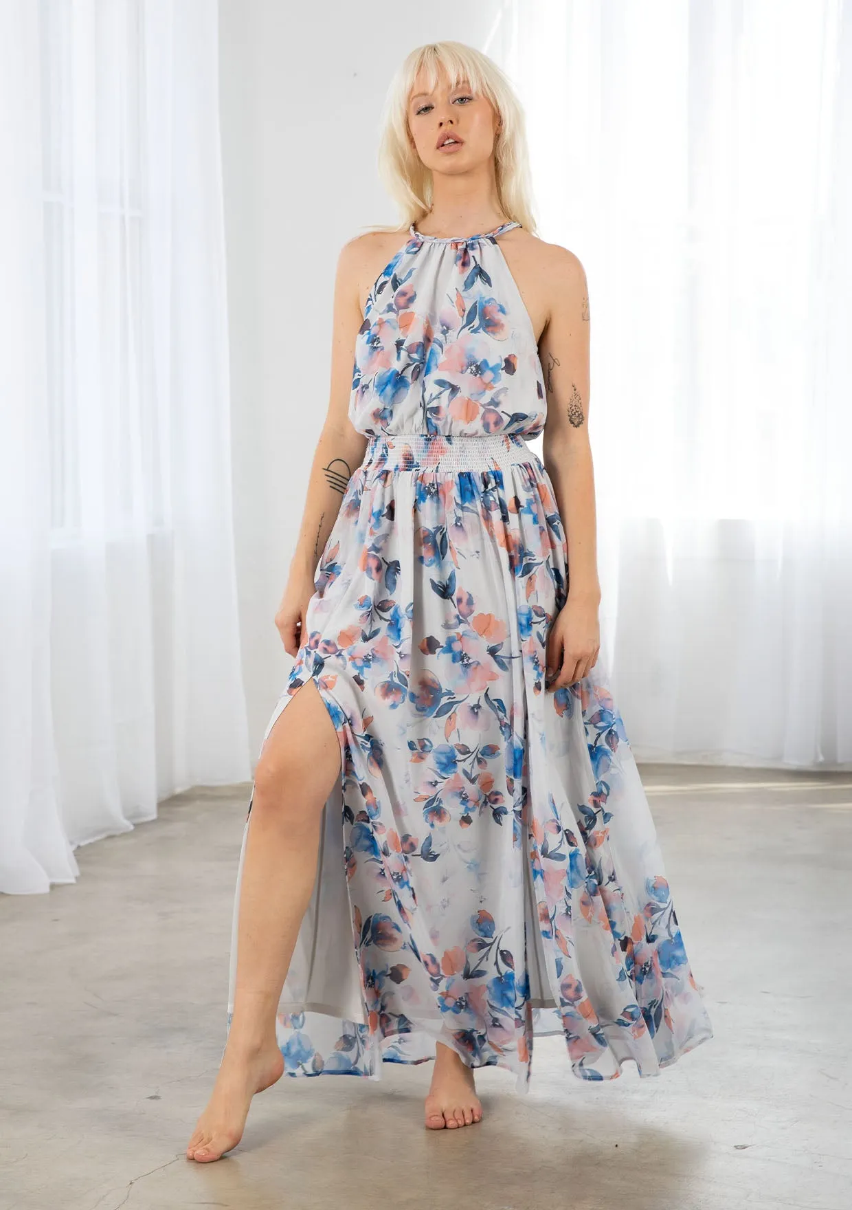 Dreamy Floral Print Halter Neck Maxi Dress