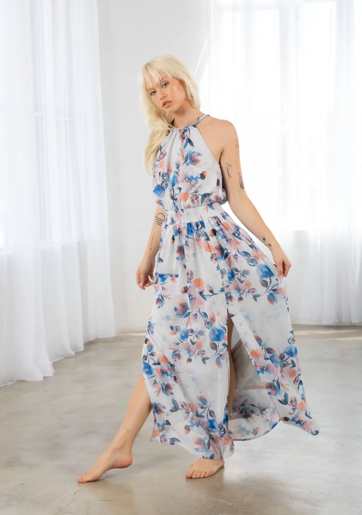Dreamy Floral Print Halter Neck Maxi Dress