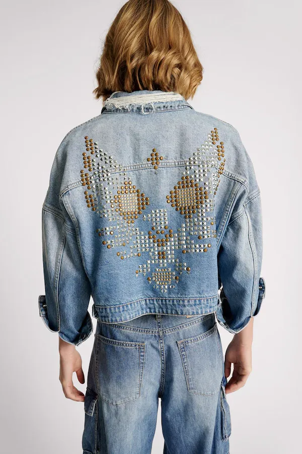 EAGLE STUDDED CROPPED DENIM JACKET