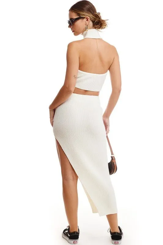 Ecru Halter Top Side Slit Midi Skirt Set