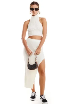 Ecru Halter Top Side Slit Midi Skirt Set