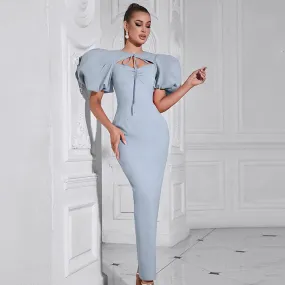Elegant Lace up Round Neck Cutout Puff Sleeve Evening Dress