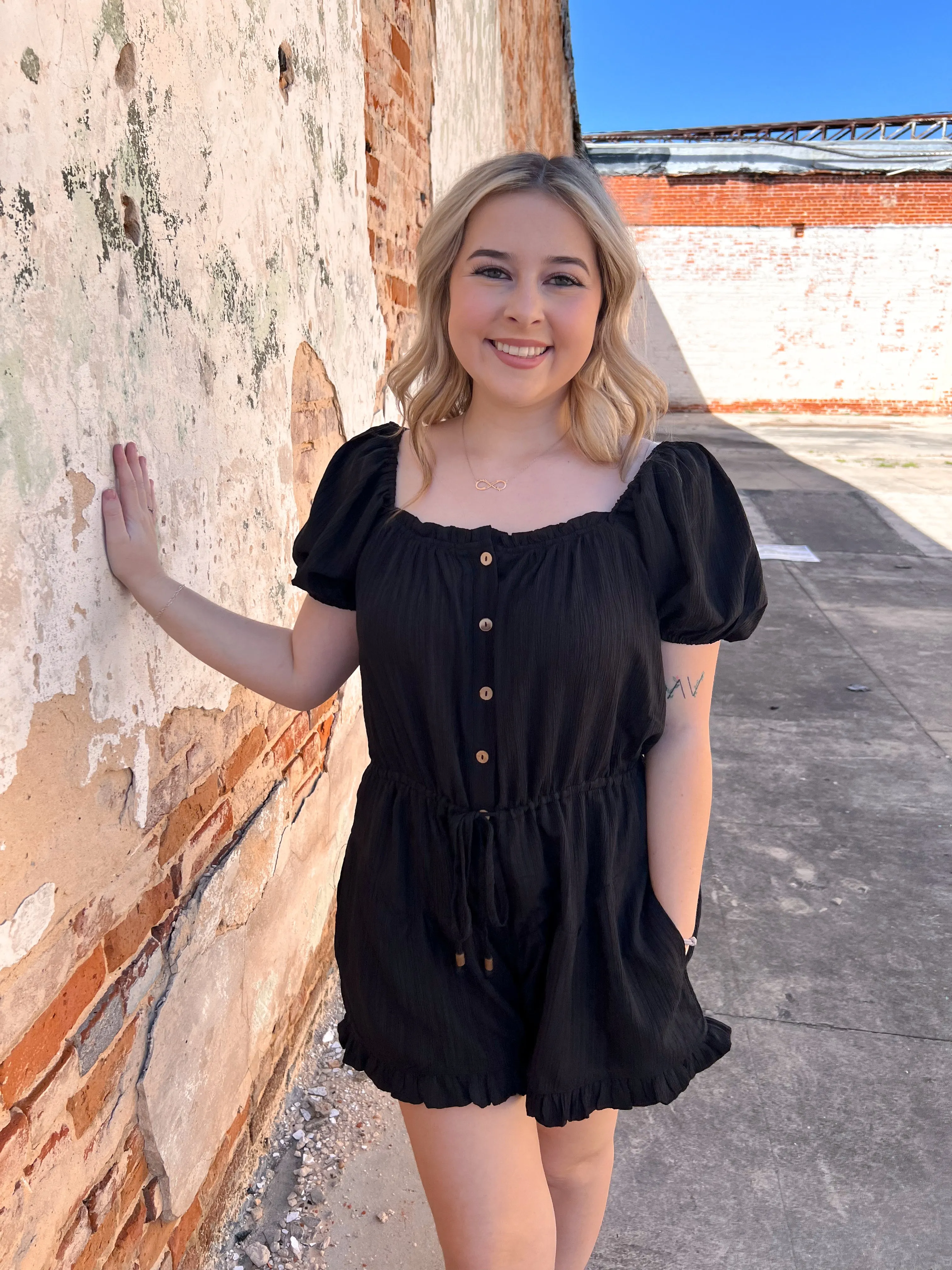 Emberly Textured Solid Square Neck Short Sleeve Button Down Romper