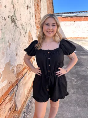 Emberly Textured Solid Square Neck Short Sleeve Button Down Romper