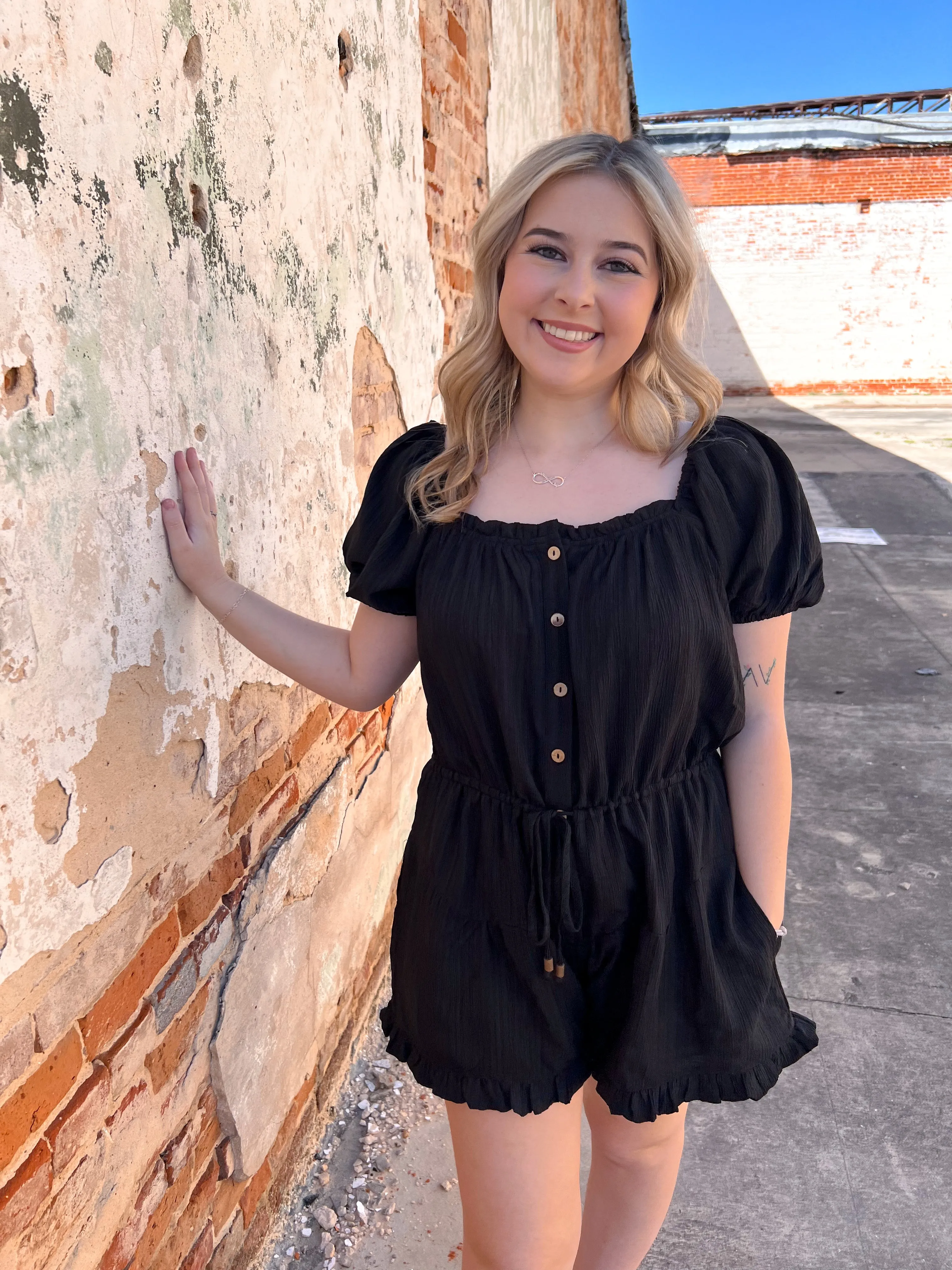 Emberly Textured Solid Square Neck Short Sleeve Button Down Romper