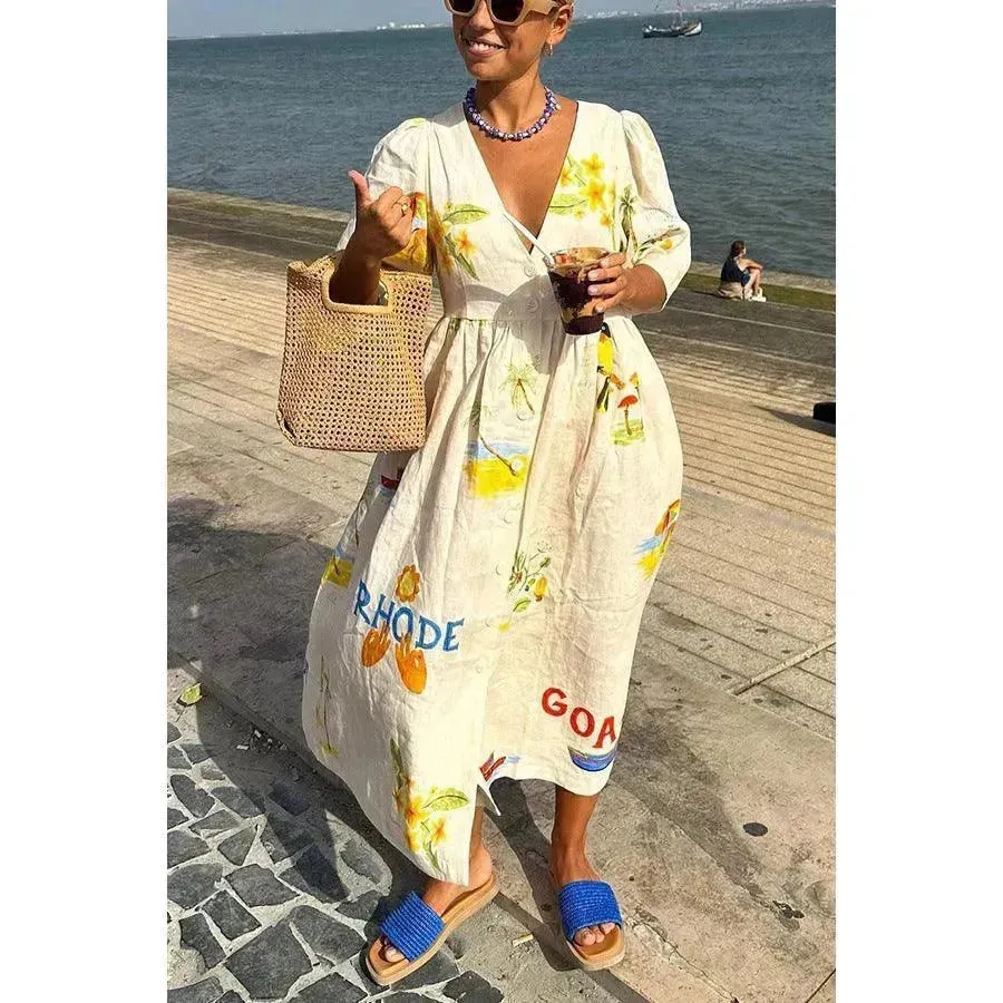 European And American Spring And Summer Casual Puff Sleeve Dress Loose Vacation  Midi  Dress