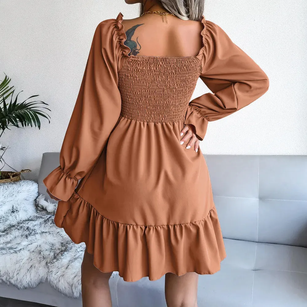 Flared Long Sleeve Dresses Women Square Neck Ruffled Swing Dress
