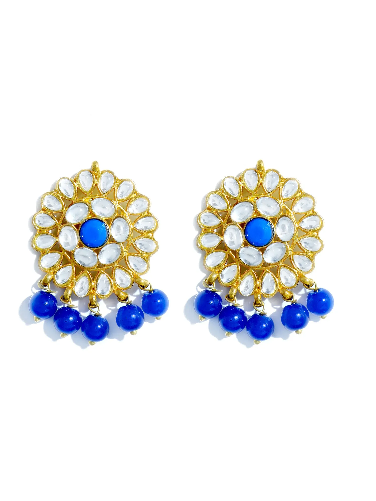 Gold Plated Blue Beads Kundan Dangler Earrings with Maangtikka for Women
