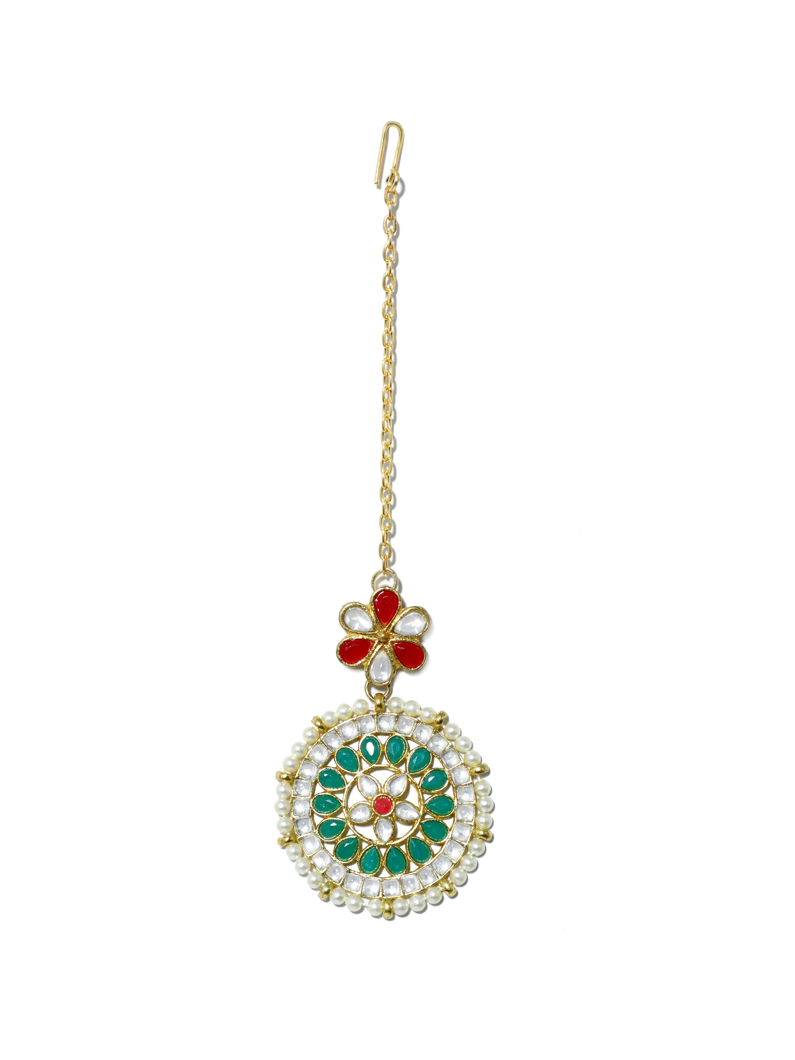 Gold Plated Green and Pearl Beads Kundan Dangler Earrings with Maangtikka