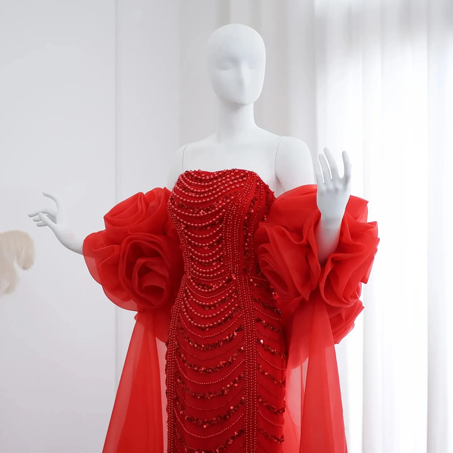HELEN Luxury Beaded 3D Flower Evening Dress with Cape