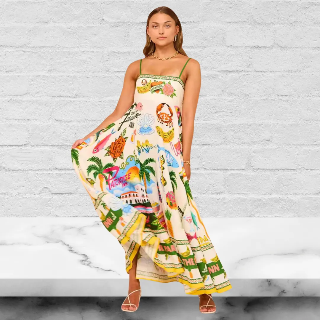 Holiday Paradise Linen Blend Unique Print Smocked Back Maxi Dress