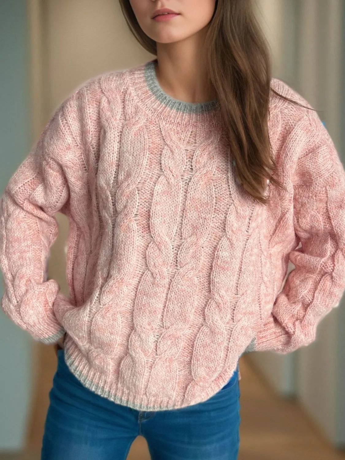 kesley Cable Knit Round Neck Long Sleeve Sweater
