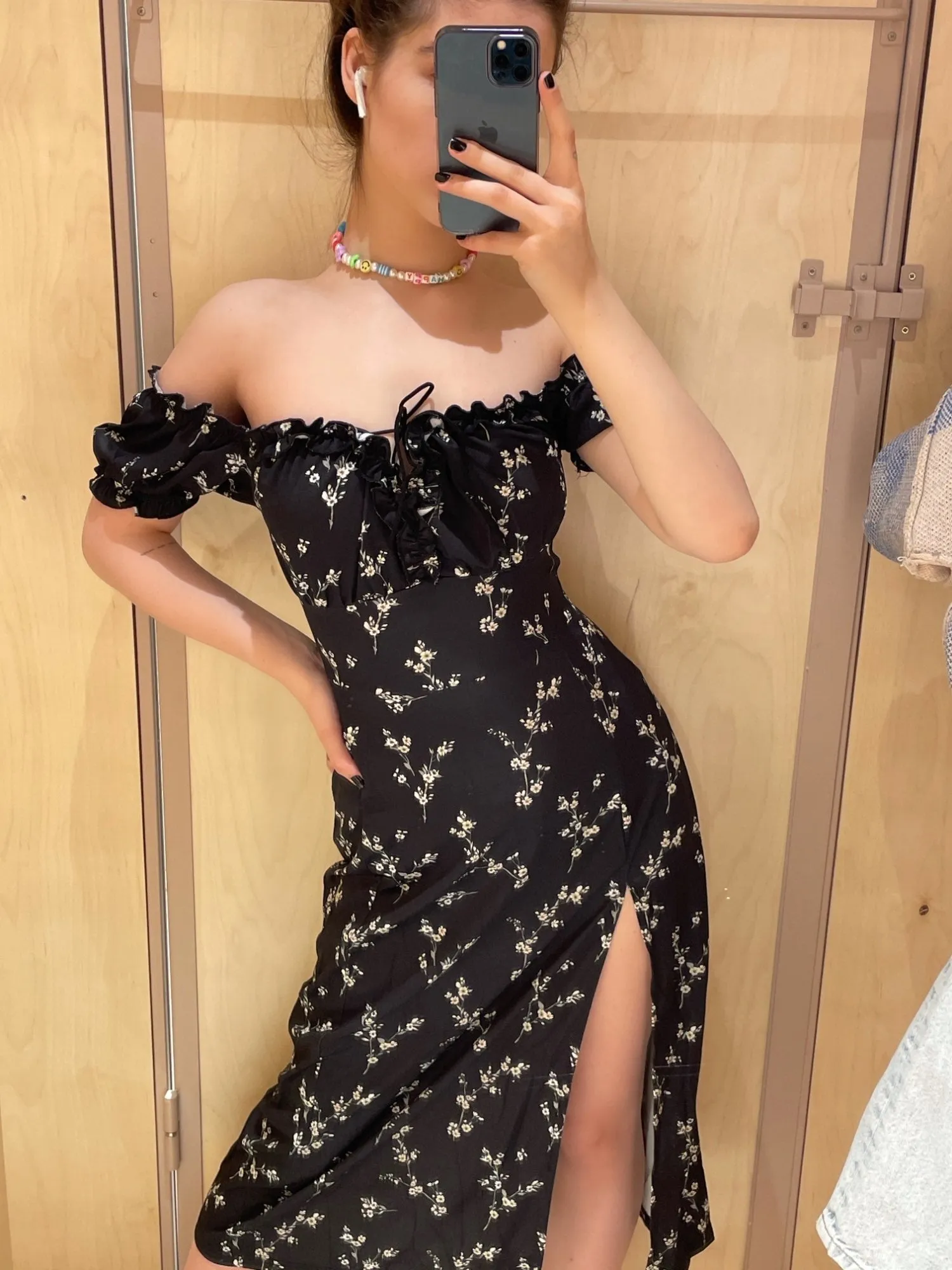 Ladies Puff Sleeve, Split Maxi Dress