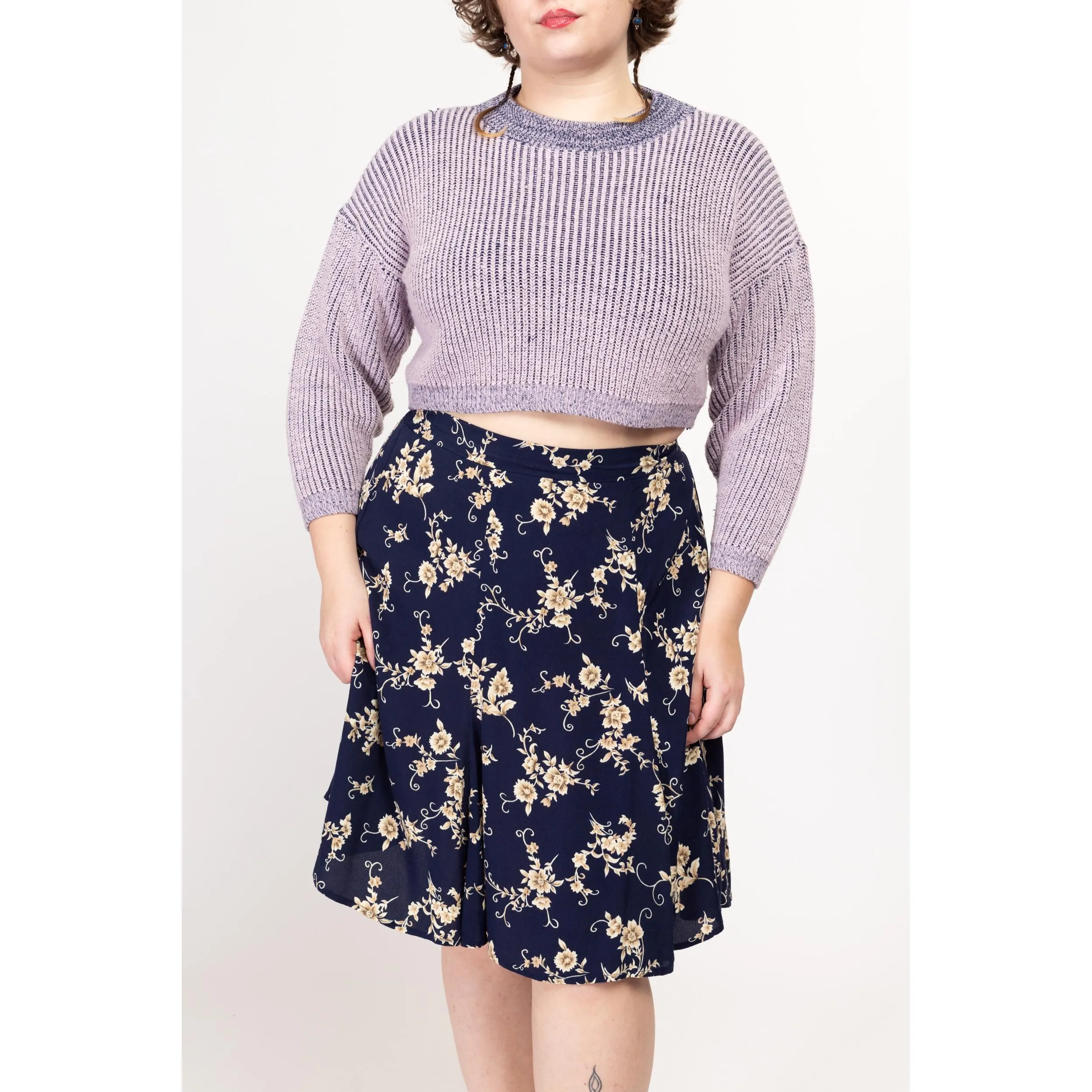 Large 90s Navy Floral Knee Length Skirt 31"-35"