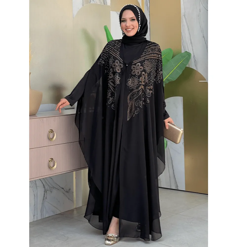 Modern Muslim Woman's Two Piece Butterfly Abaya - 3651 - Black
