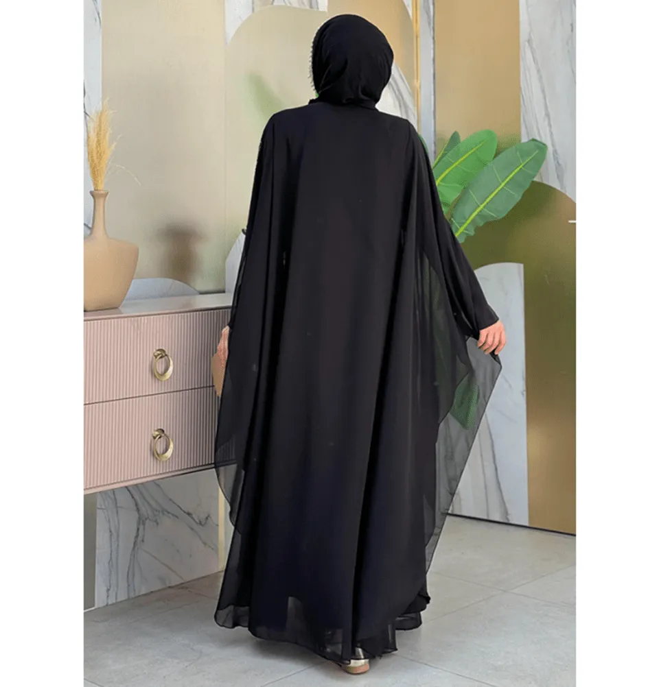 Modern Muslim Woman's Two Piece Butterfly Abaya - 3651 - Black