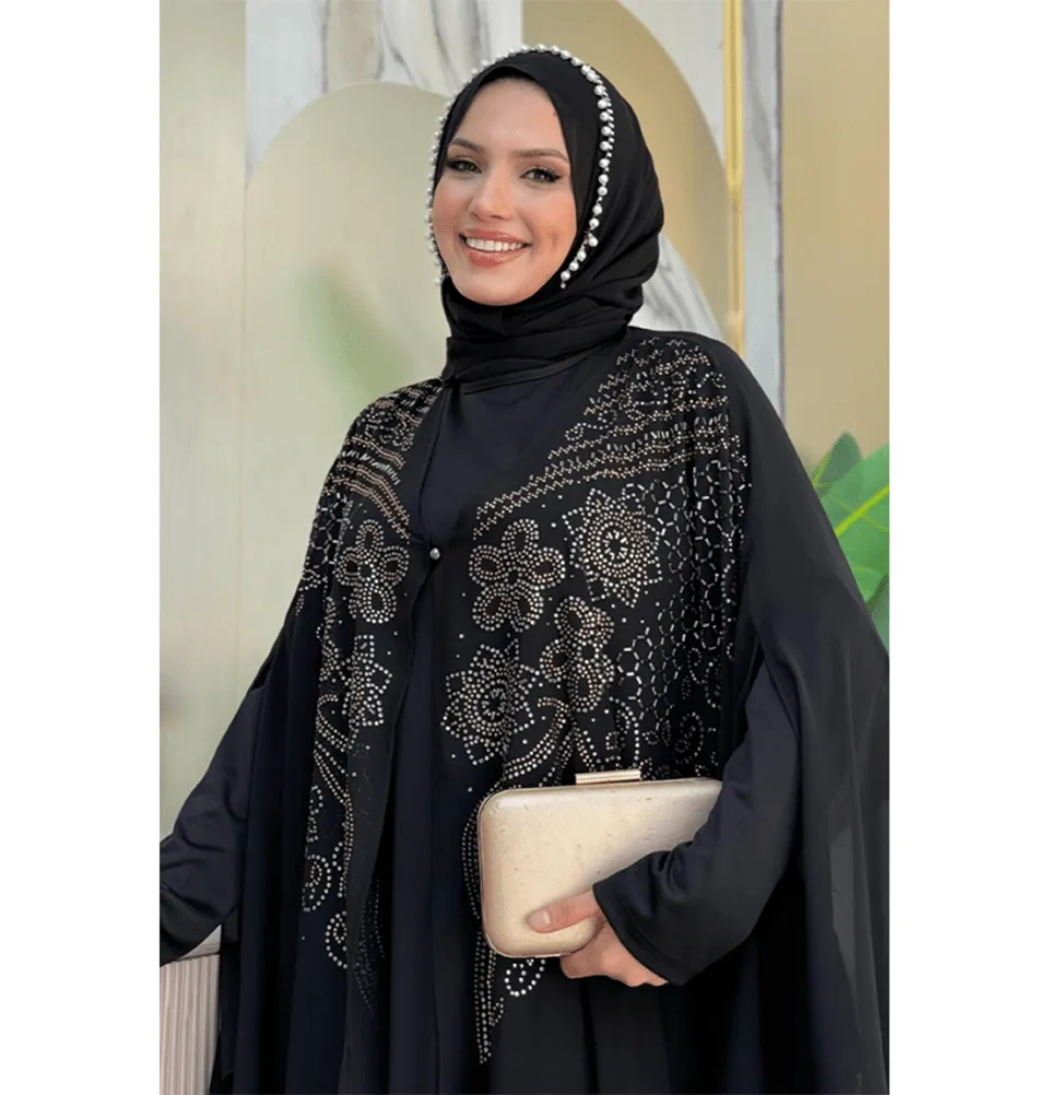 Modern Muslim Woman's Two Piece Butterfly Abaya - 3651 - Black