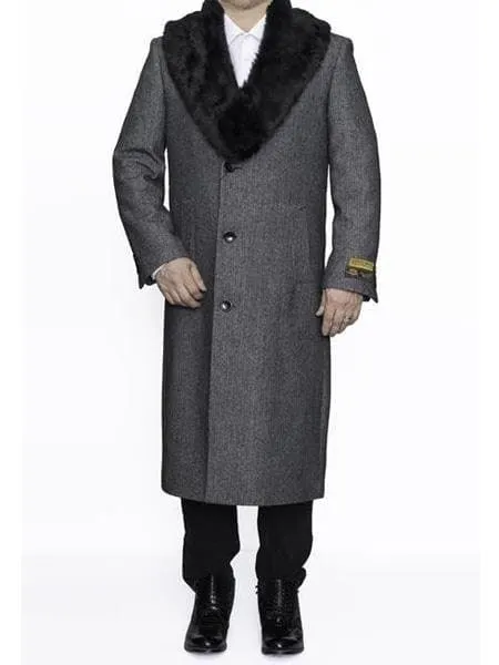 Moscow: MENS REMOVABLE FUR COLLAR FULL LENGTH WOOL HERRINGBONE GREY OVERCOAT
