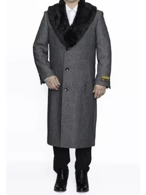 Moscow: MENS REMOVABLE FUR COLLAR FULL LENGTH WOOL HERRINGBONE GREY OVERCOAT